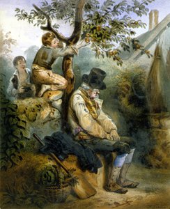 Kinderen stelen appels onder de neus van de slapende boer - lithografie door Grenier, ca. 1840