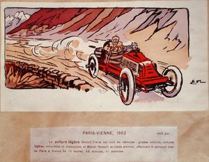 Marcel Renault (1872-1903) in zijn Renault Freres tijdens de Parijs-Wenen rally in 1902, c.1910