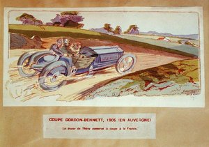 De Richard-Brasier auto bestuurd door Leon Thery tijdens de Gordon-Bennett race in de Auvergne in 1905, ca. 1910 door Ernest (after) Montaut