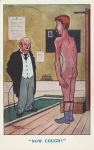 Dokter vraagt een naakte man te hoesten tijdens een medisch onderzoek door Ernest (after) Noble