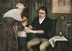 Dr. Edward Jenner (1749-1823) voert zijn eerste vaccinatie tegen pokken uit op James Phipps, een jongen van acht, 14 mei