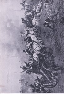 Inname van de Franse batterij door het 52e Oxfordshire Light Infantry Regiment bij Waterloo 18 juni 1815, illustratie uit Britse gevechten op land en zee, 1915 door Ernest Crofts