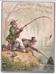 Victoriaanse kerstkaart van twee mannen die vissen bij de rivier, ca. 1880