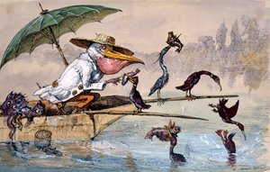 Aalscholvers die vis aanbieden aan een pelikaan in een punter onder een paraplu, ca. 1864-1907 door Ernest Henry Griset