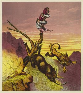 De leeuw en de neushoorn vallen van de klif terwijl ze ruzie maken over wie de eerste hap van de drie zeelieden krijgt door Ernest Henry Griset