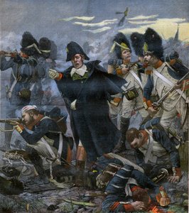 Generaal Pierre Cambronne (1770-1842) naast zijn troepen in de Slag bij Waterloo - gravure naar Delahaye, Ernest Jean (1855-1921)