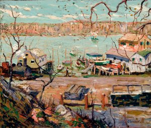 Rivierscène - boten en huizen