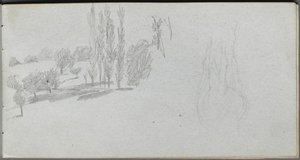 Schetsboek, pagina 18: Studie van een paard en landschapstudie