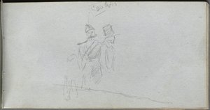 Schetsboek, pagina 38: Studie van een soldaat en figuur met hoge hoed door Ernest Meissonier