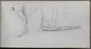 Schetsboek, pagina 43: Studies: Paardenbeen, figuur in een boot en profiel