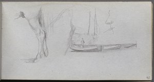 Schetsboek, pagina 43: Studies: Paardenbeen, figuur in een boot en profiel