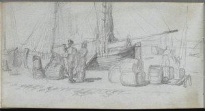 Schetsboek, pagina 50: Boten, figuren, lading op een strand door Jean Louis Ernest Meissonier
