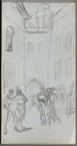 Schetsboek, pagina 63: Figuren in een binnenplaats door Ernest Meissonier