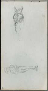 Schetsboek, pagina 69: Studie van een hand, een paard en een figuur