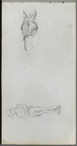Schetsboek, pagina 69: Studie van een hand, een paard en een figuur