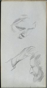 Schetsboek, pagina 70: Studie van twee gezichten en een hand door Ernest Meissonier