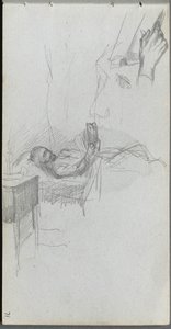 Schetsboek, pagina 71: Studie van een figuur lezend in bed, studie van een hand door Jean Louis Ernest Meissonier