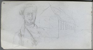 Schetsboek, pagina 99: Studie van figuur, gebouw door Ernest Meissonier