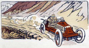 Renault auto bij Parijs-Wenen 1902 Tekening door Ernest Montaut (1878-1909).