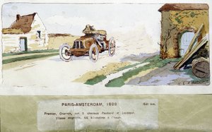De Parijs - Amsterdam race in 1898, tekening door Ernest Montaut (1878-1909)