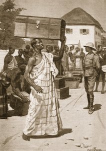 Dragers vertrekken van Cape Coast Castle naar Kumassi, illustratie uit 