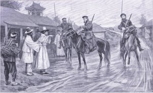 Kozakkenverkenners verzamelen informatie van een Koreaanse gevangene, illustratie uit Cassells History of the Russo-Japanese War Vol 1, ca. 1900