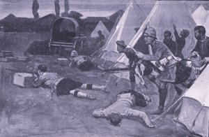 De aanval op het Britse kamp op de markt van Jacobsdal, illustratie uit Na Pretoria: De Guerrillaoorlog, 1902 door Ernest Prater