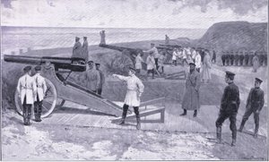 De belegging van Port Arthur. In een van de havens die de Russische haven bewaken, illustratie uit Cassells History of the Russo-Japanese War Vol 1, ca. 1900 door Ernest Prater