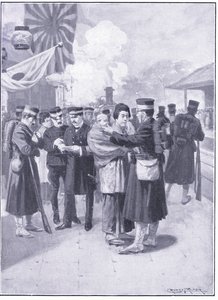 Troepen verlaten Tokio, illustratie uit Cassells History of the Russo-Japanese War Vol 1, ca. 1900 door Ernest Prater
