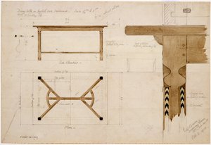 Ontwerp voor een eettafel in Engels eiken, verduisterd, met een hooihark strekker, 2 oktober 1908