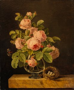 Ernestine Panckoucke - Een vaas rozen met een vlinder en een nest op een richel