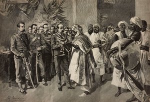 Generaal Tancredi Saletta biedt zwaard aan Kantibai, hoofd van Abab, Massawa, Eritrese oorlog