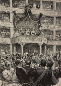 Umberto I en Margherita van Savoye, vergezeld door vorsten van Duitsland, in Teatro Argentina ter gelegenheid van zilveren huwelijksviering, 21 april