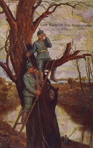 Goed nieuws voor het hoofdkwartier, Duitse soldaten observeren het slagveld en rapporteren aan het hoofdkwartier via een veldtelefoon, Eerste Wereldoorlog, 1915 door Ernst Heilemann