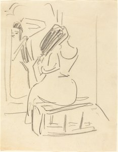 Een vrouw die haar haar kamt voor een spiegel, eind 19e-begin 20e eeuw door Ernst Ludwig Kirchner