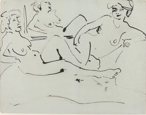 Dodo en een oudere vrouw liggend voor een spiegel, 1909 door Ernst Ludwig Kirchner