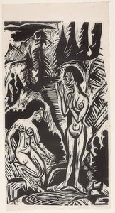 Baden in rotsen door Ernst Ludwig Kirchner