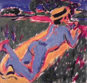 Blauwe liggende naakt met een strohoed, 1908