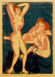 Drie naakten en liggende man door Ernst Ludwig Kirchner