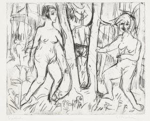 Meisjes spelend in het bos door Ernst Ludwig Kirchner