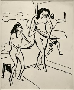 Zonder titel (Marcella en Senta met boog) door Ernst Ludwig Kirchner
