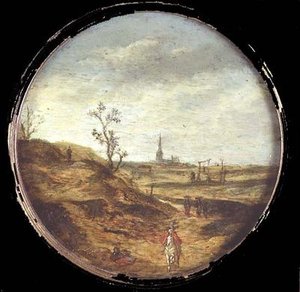 Een uitgestrekt landschap met reizigers op een weg