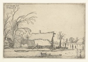Boerderij bij bevroren rivier met schaatsers door Esaias van de Velde
