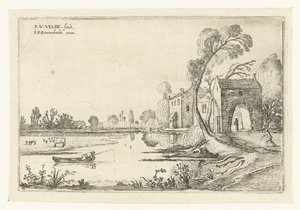 Landschap met een rivier en poortgebouw door Esaias van de Velde