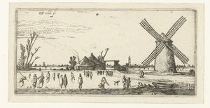 Schaatsers op het ijs bij een molen in de buurt van Penningsveer door Esaias van de Velde