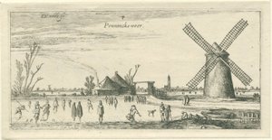 Schaatsers op het ijs bij een molen in de buurt van Penningsveer