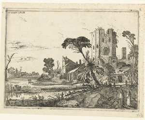 Twee monniken op een pad langs een vervallen toren door Esaias van de Velde
