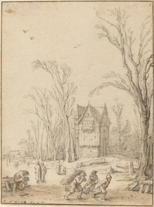 Dorpelingen Schaatsen op een Bevroren Vijver door Esaias van de Velde