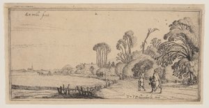 Landschap met een ruiter en een wandelaar op een weg, uit Landschappen