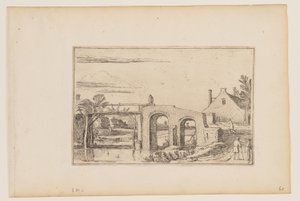 Pad rechts van een houten en stenen brug door Esaias van den Velde I